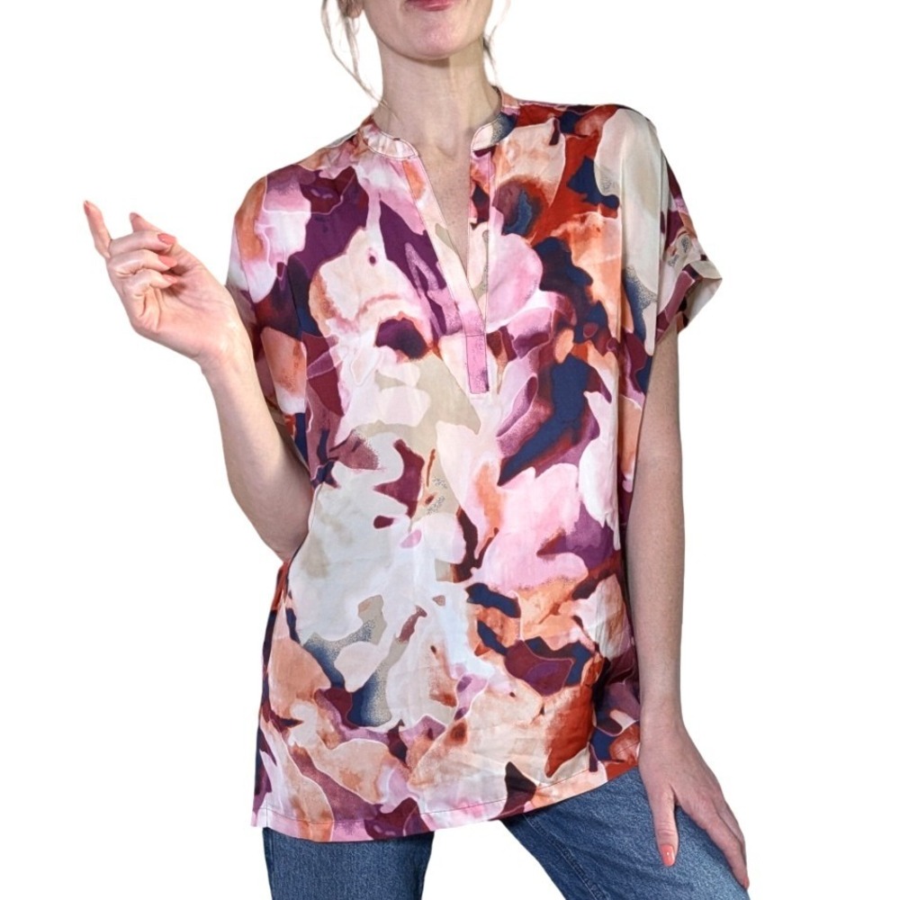 Natori Abstract Floral Caftan Top V-Neck Boho Blouse Pink Red Orange Size Small